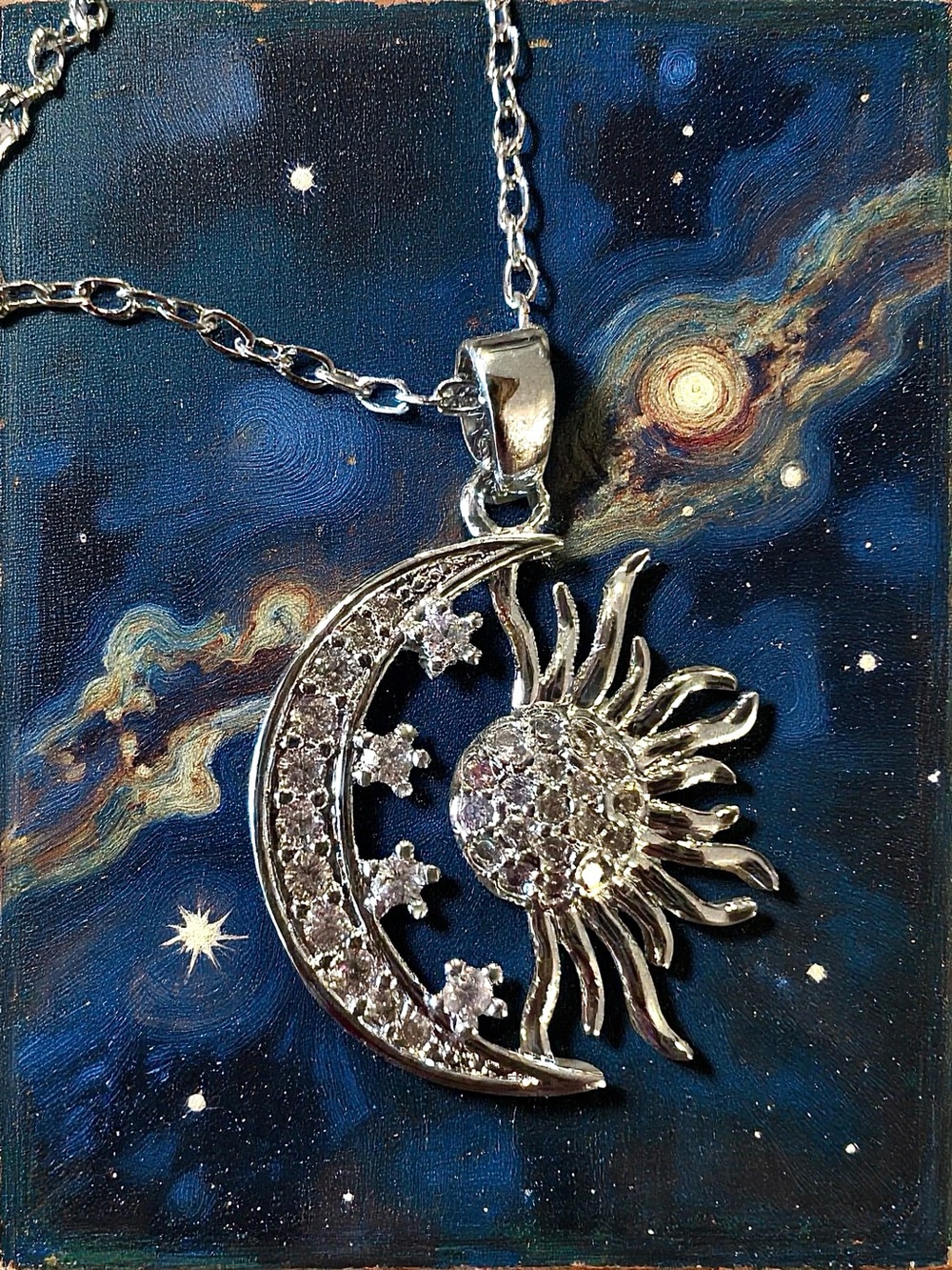Silver Sun, Stars, and Moon Pendant Necklace - Celestial Sparkle - Picture 12 of 17